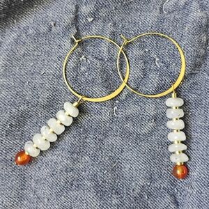 Rainbow Moonstone+ Carnelian Hoop Drop Earrings